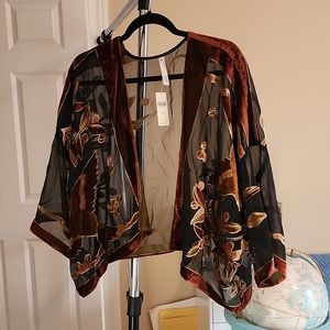 NWT Anthropologie Sheer Kimono Crop with Ornate Velvet Trim- O/S